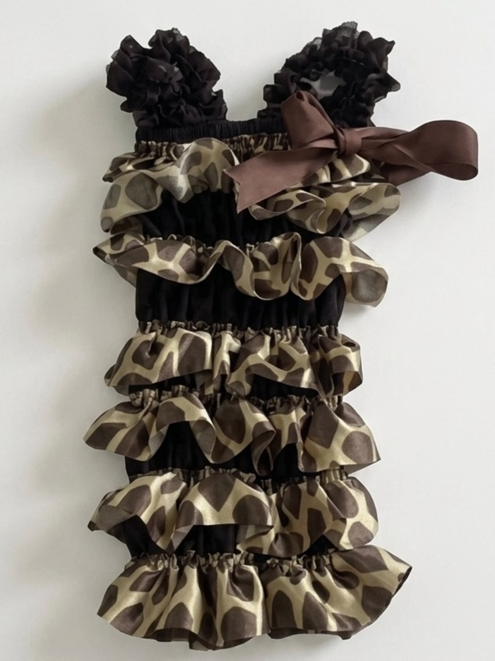Handmade Giraffe Print Ruffle Baby Romper Gold Brown 6-9M Boutique Photoshoot